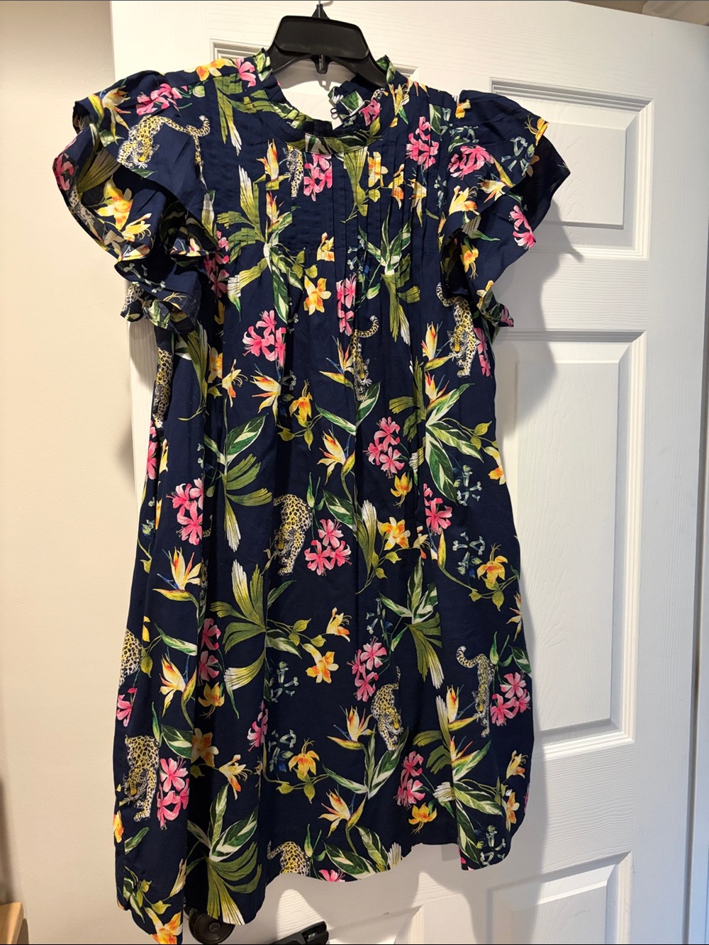 crown & ivy Navy Floral Ruffle-Sleeve Dress with Pink and Yellow Blooms